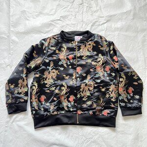 OMighty satin jacket Womens Small black dragons floral zip up bomber o'mighty